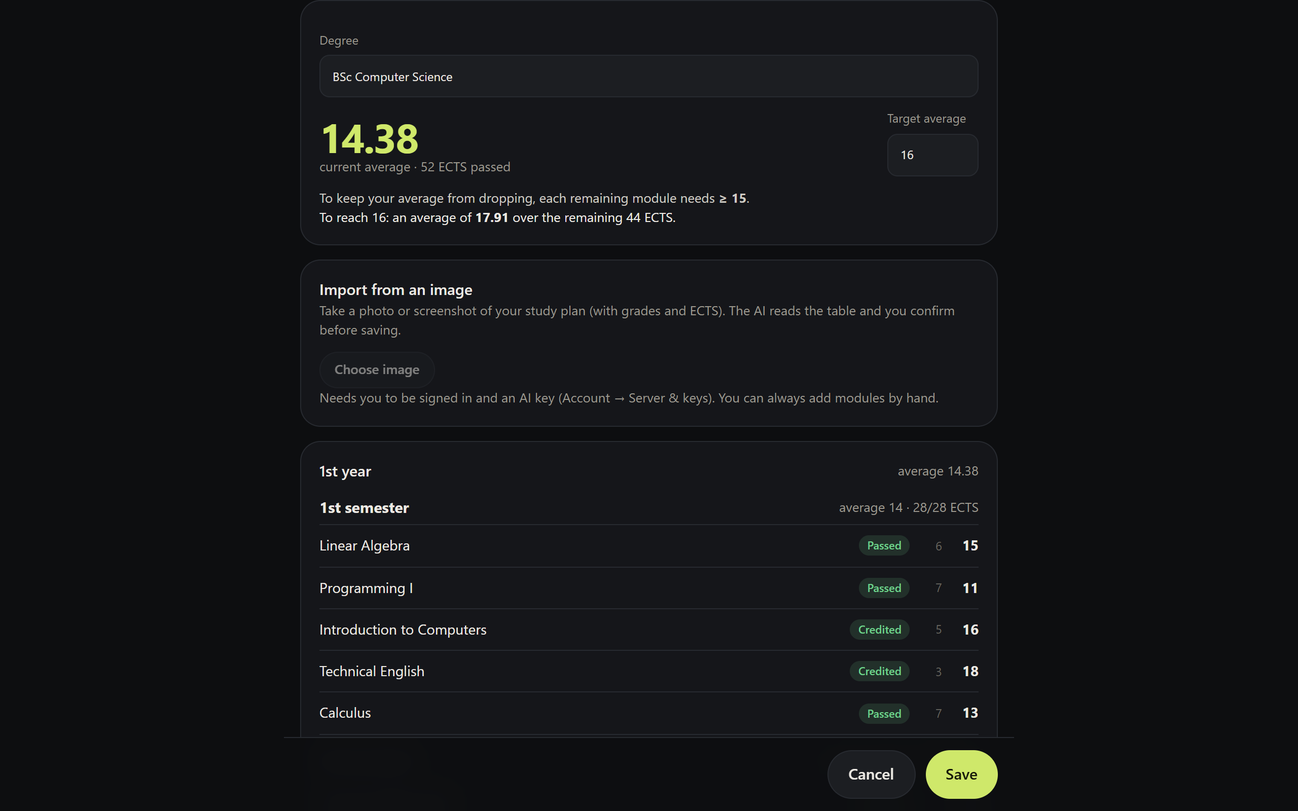 Degree record manager with average and target
