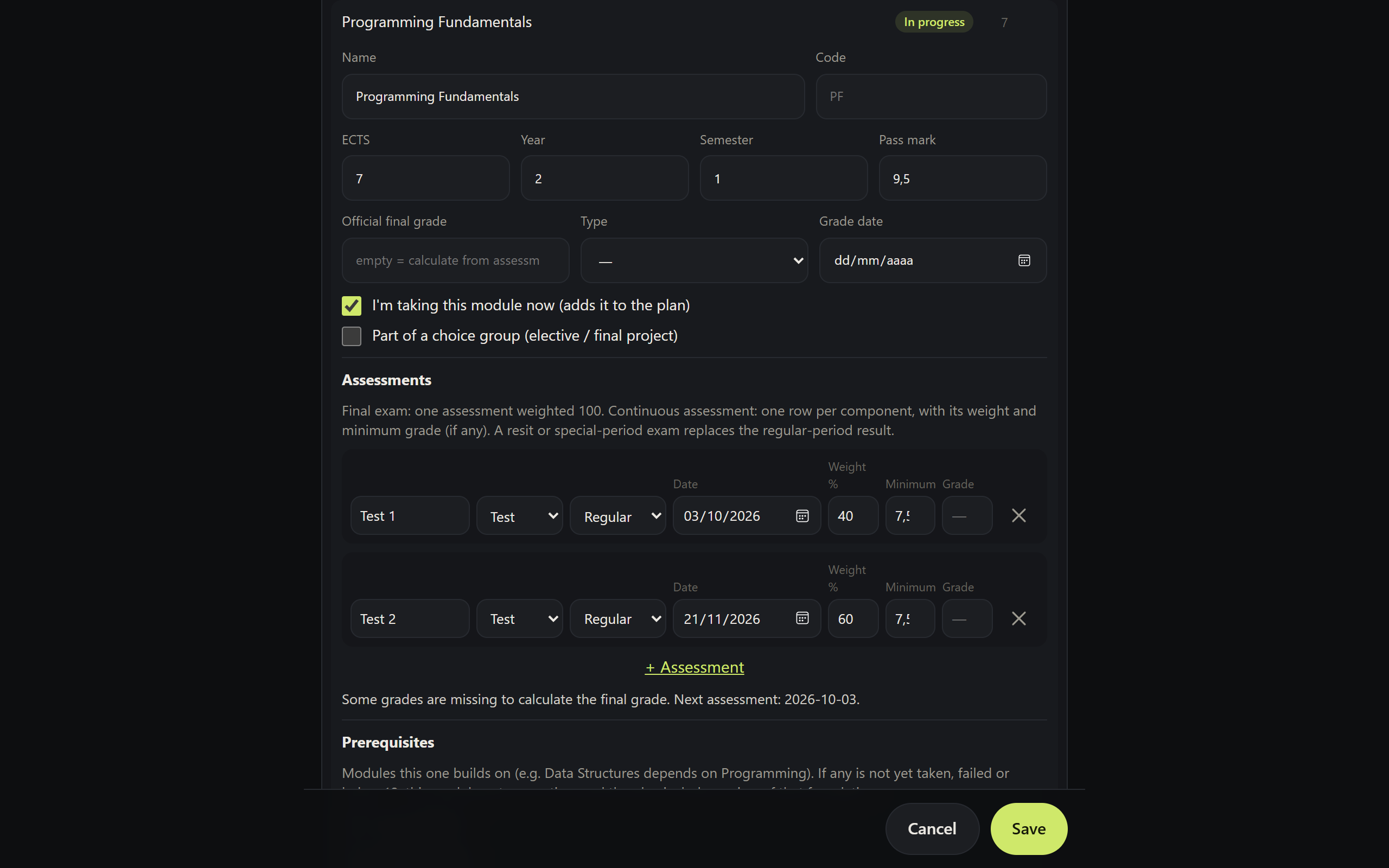 Module editor with assessments, weights and minimums