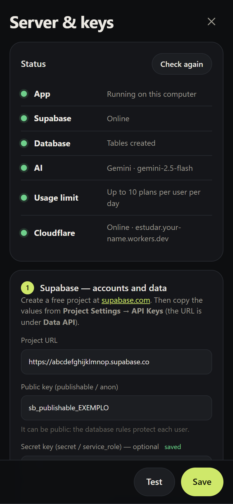 Server & keys screen with the status of each service