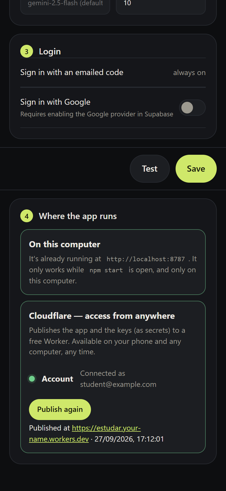 Where the app runs section with Cloudflare publishing