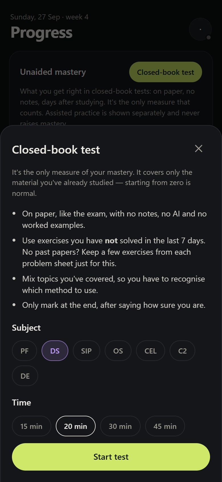 Setting up a closed-book test