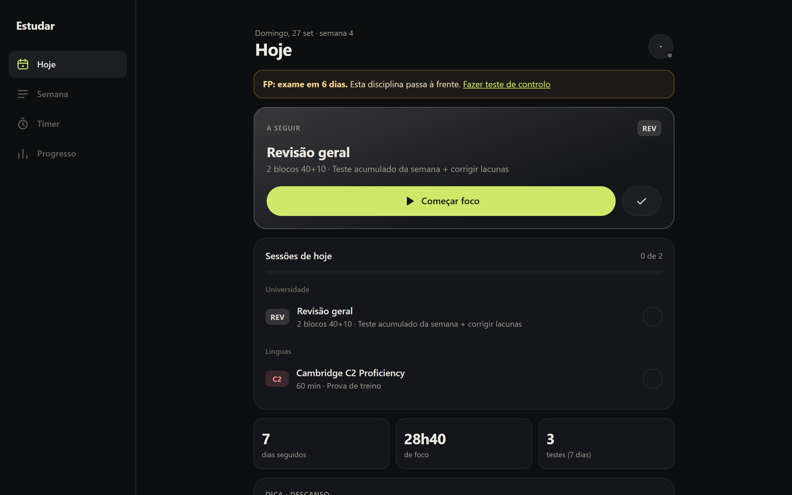 Estudar no computador: o separador Hoje com a sessão seguinte e o aviso de exame