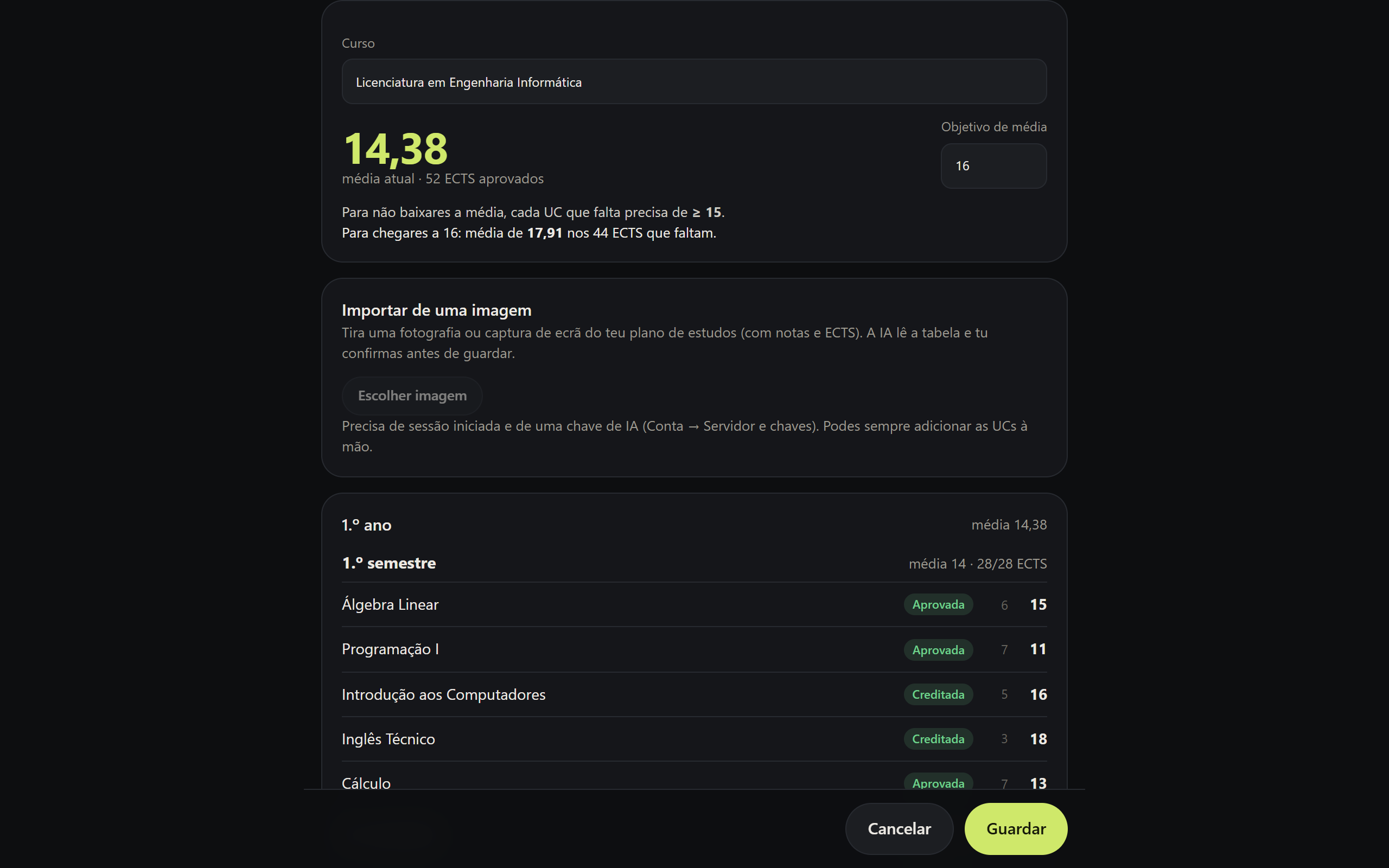 Gestor do percurso com média e objetivo