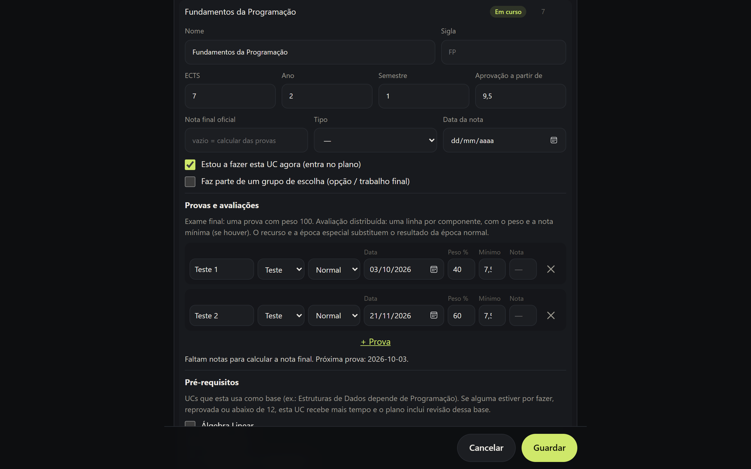 Editor de uma UC com provas, pesos e mínimos