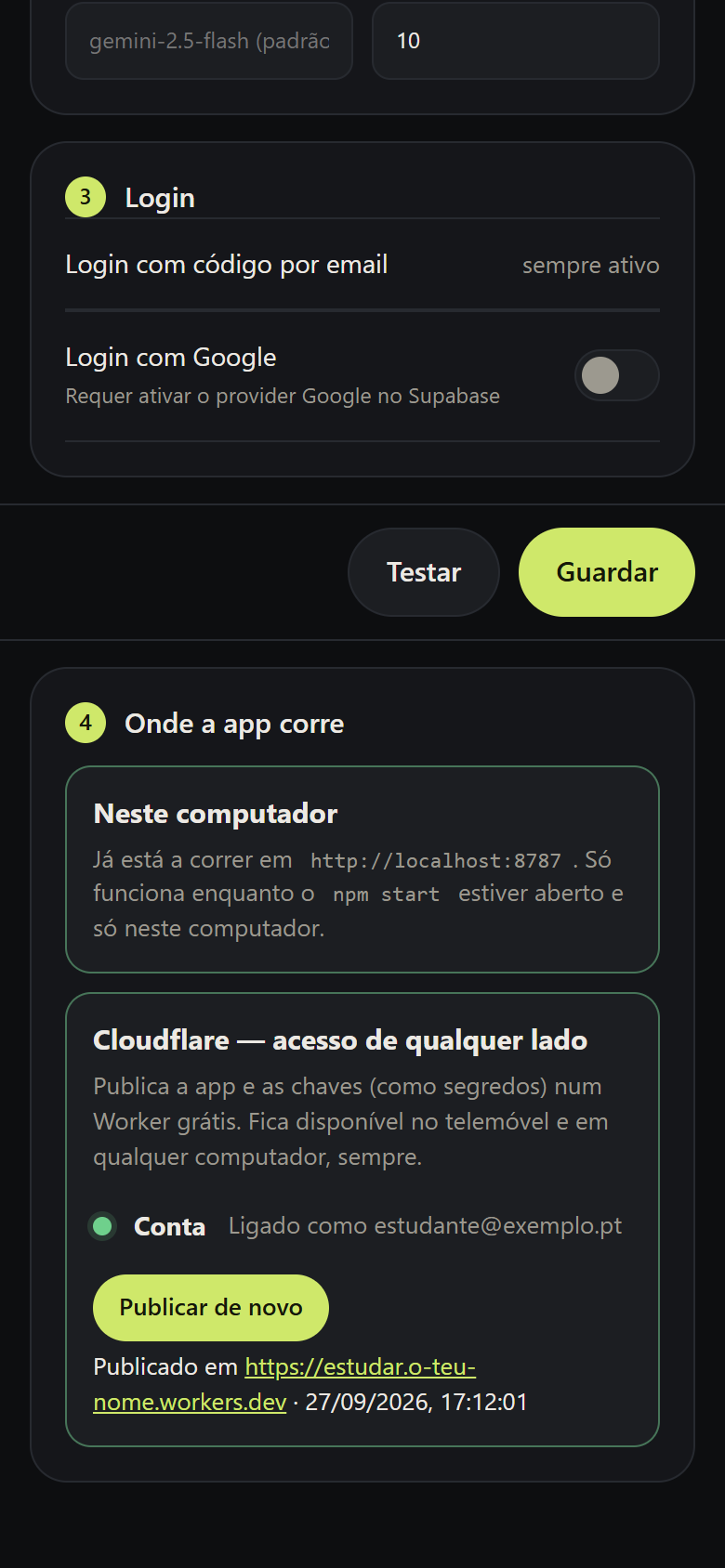 Secção Onde a app corre com a publicação no Cloudflare